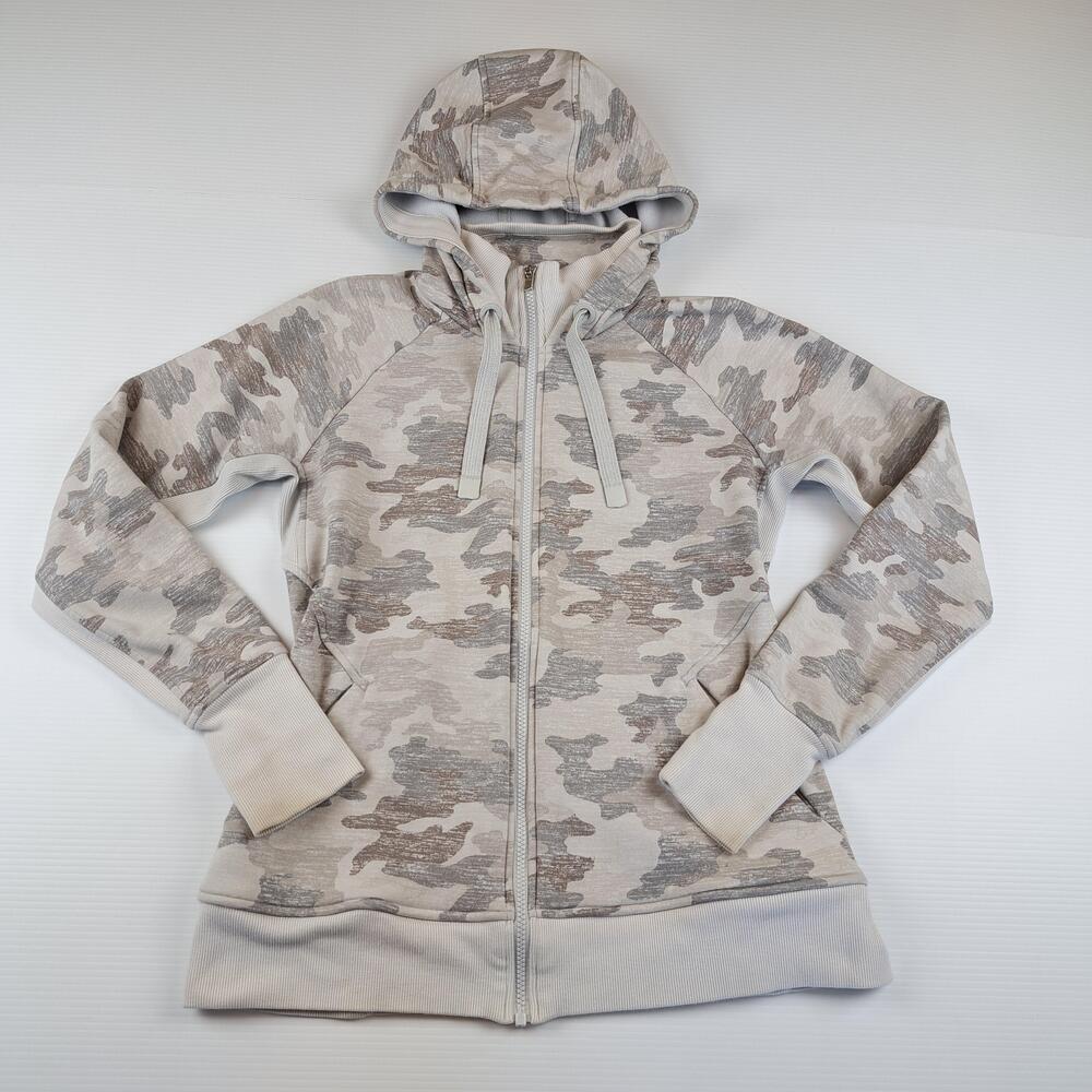 Athleta Hoodie Sweatshirt Womens Medium Gray Camo Full Zip Fleece Triumph Jacket